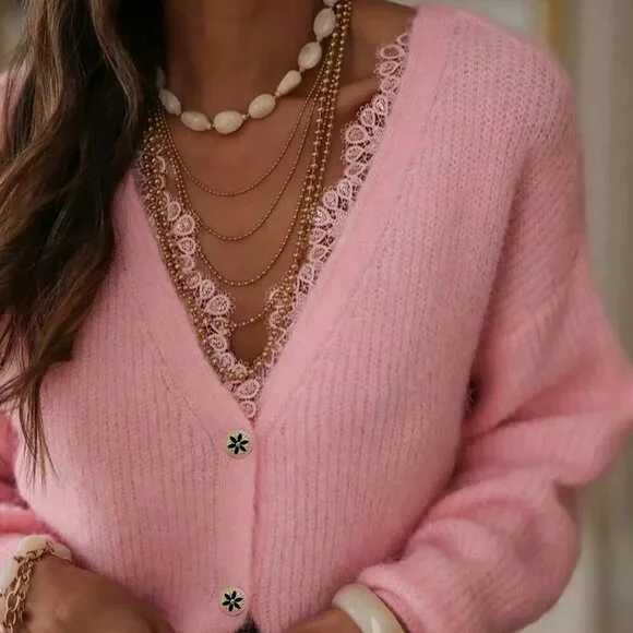 Pink Casual Women's V Neck Lace Trim & Rhinestones Cardigan - Picture 7 of 8